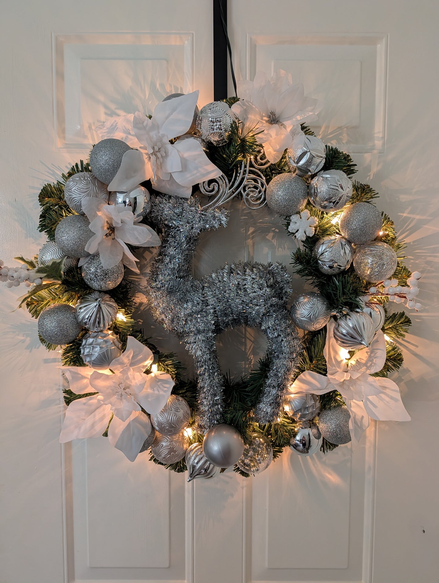Lit Silver & White Reindeer Wreath