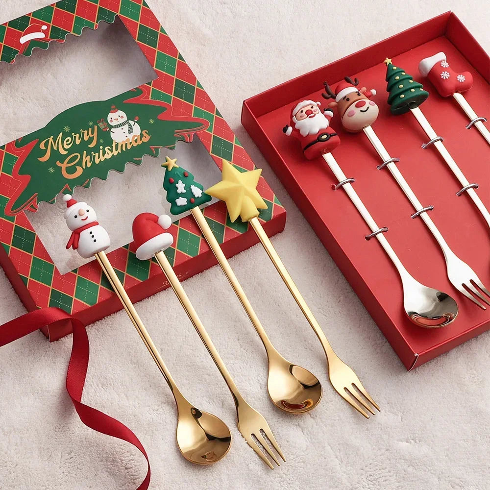 4pcs/Set Christmas Gift Gold Silver Spoon Fork Set