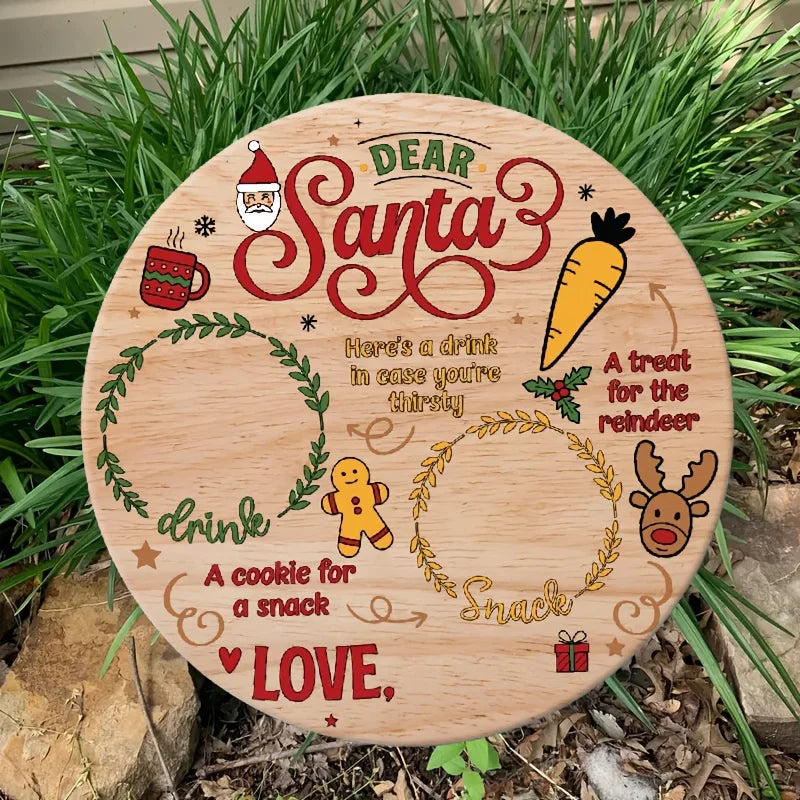 Retro-Style Wooden Santa and Reindeer Round Plate