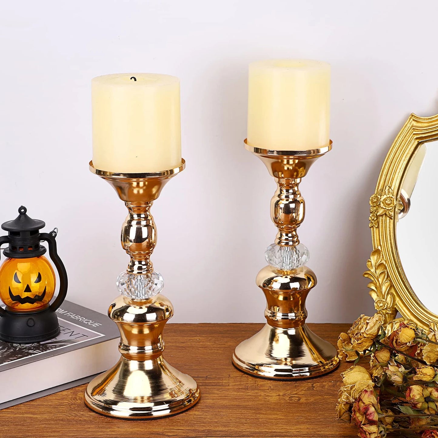 Gold Metal Pillar Candlestick Holders Vintage