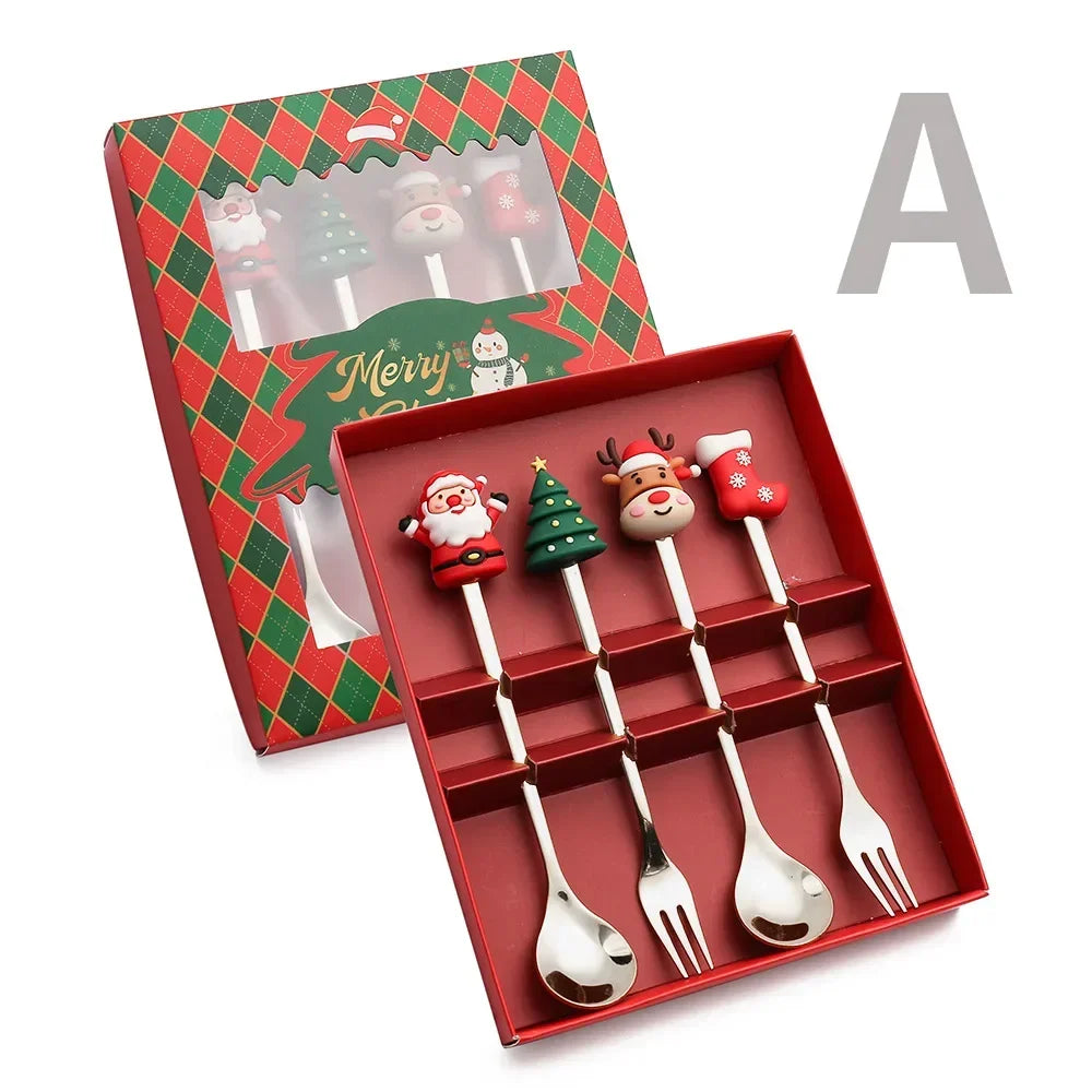 4pcs/Set Christmas Gift Gold Silver Spoon Fork Set