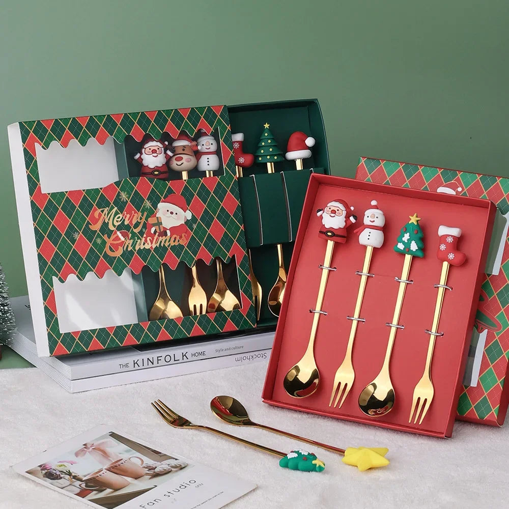 4pcs/Set Christmas Gift Gold Silver Spoon Fork Set