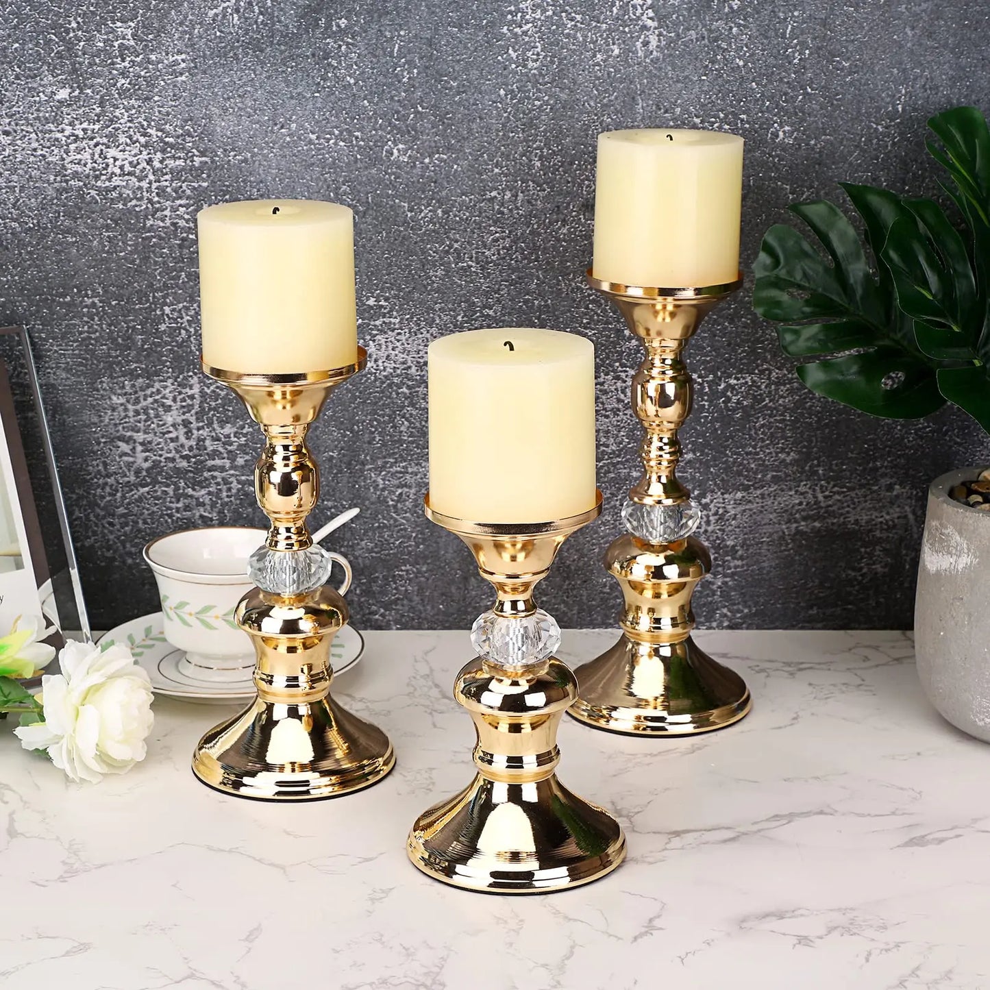 Gold Metal Pillar Candlestick Holders Vintage
