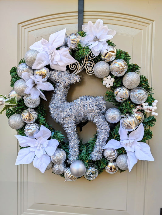 Lit Silver & White Reindeer Wreath
