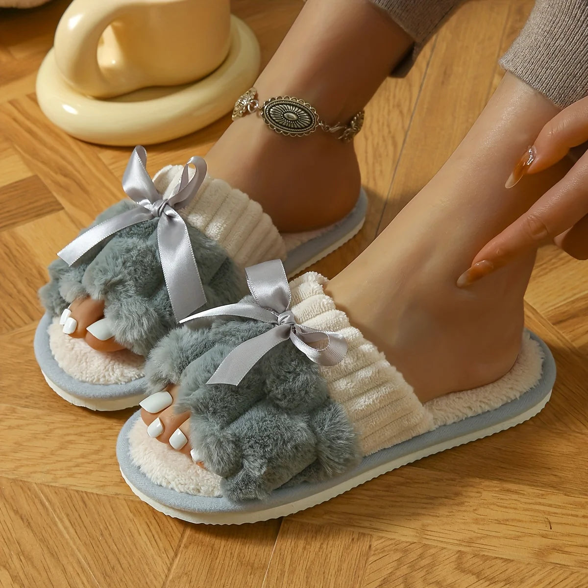 Women's Plush Fleece Slip-On Slippers with Bow