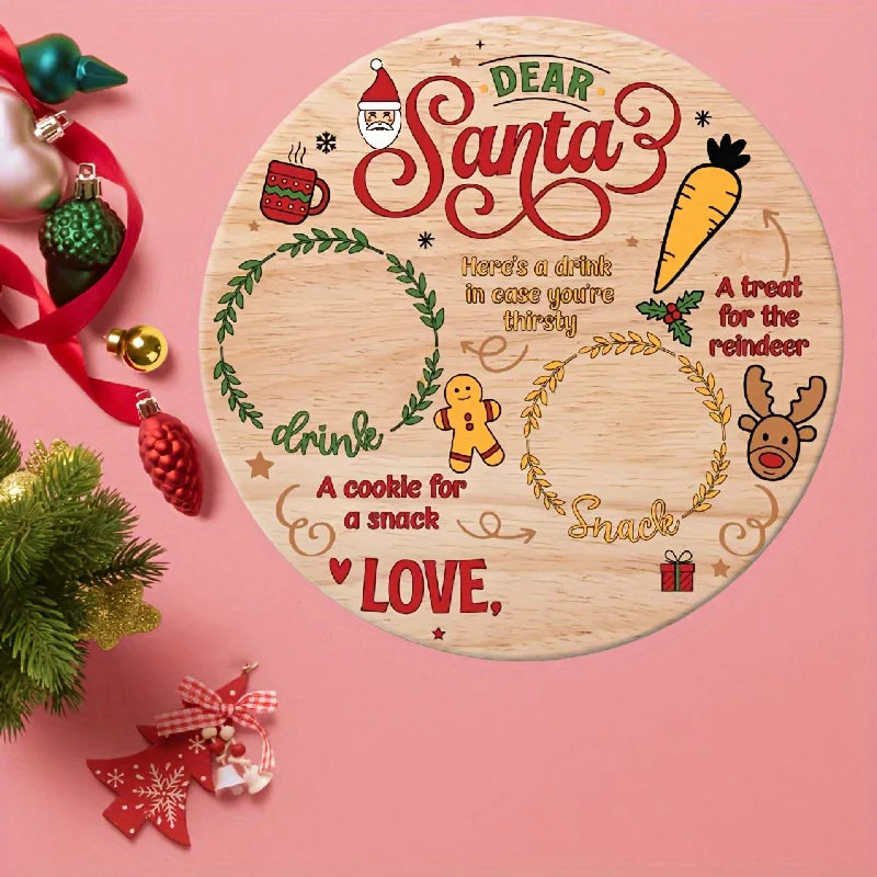 Retro-Style Wooden Santa and Reindeer Round Plate
