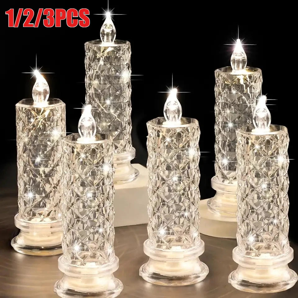 Decor Crystal Candles LED Light Transparent Flameless Battery Power