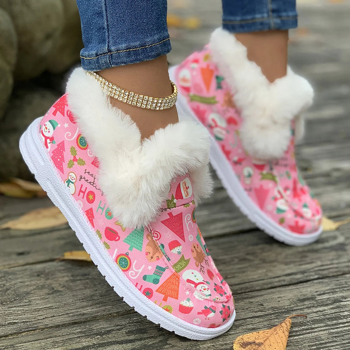 Women Christmas Pink Furry Shoes