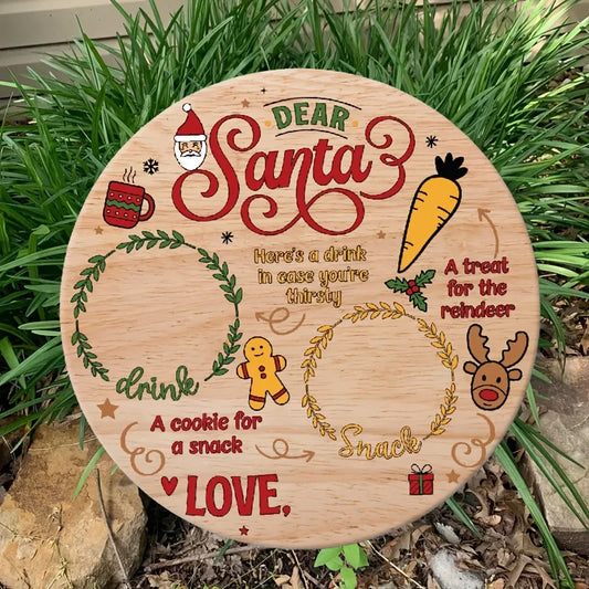 Retro-Style Wooden Santa and Reindeer Round Plate