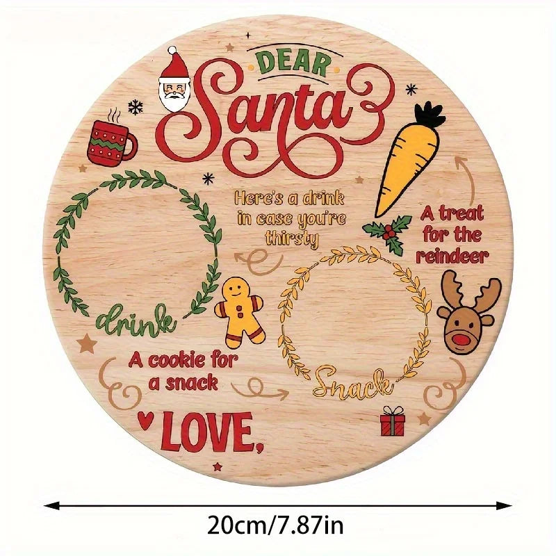 Retro-Style Wooden Santa and Reindeer Round Plate