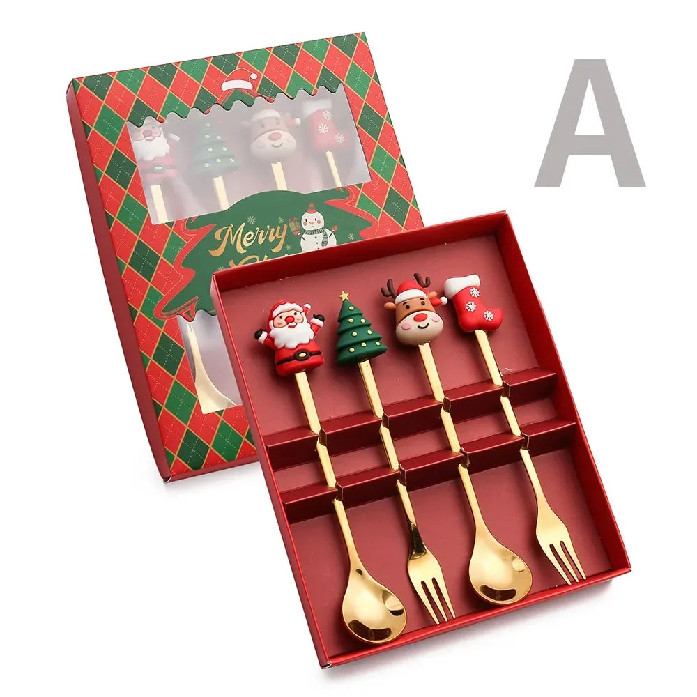 4pcs/Set Christmas Gift Gold Silver Spoon Fork Set