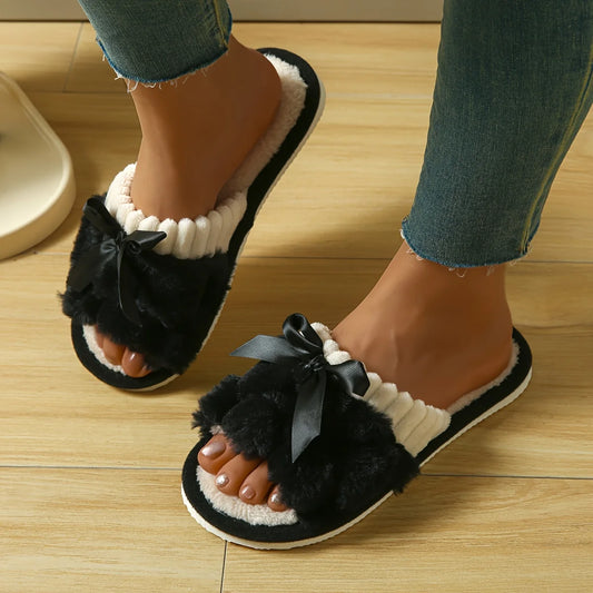 Women's Plush Fleece Slip-On Slippers with Bow
