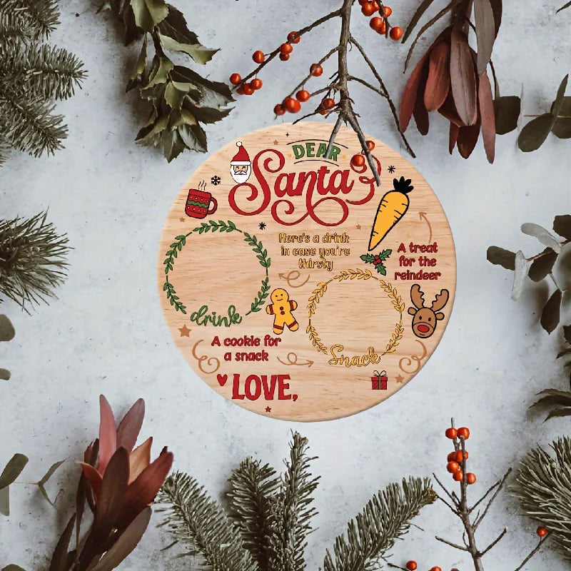 Retro-Style Wooden Santa and Reindeer Round Plate