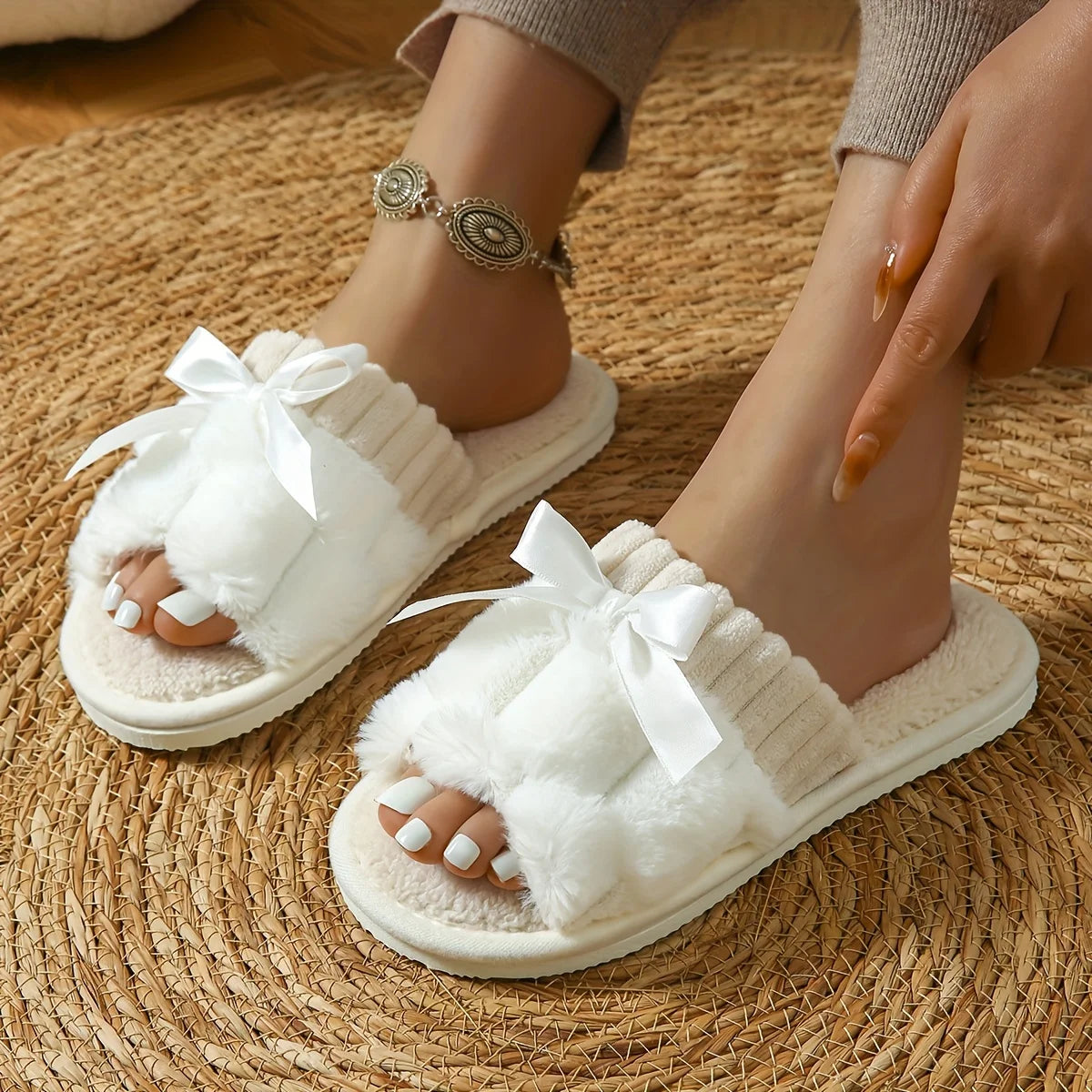 Women's Plush Fleece Slip-On Slippers with Bow