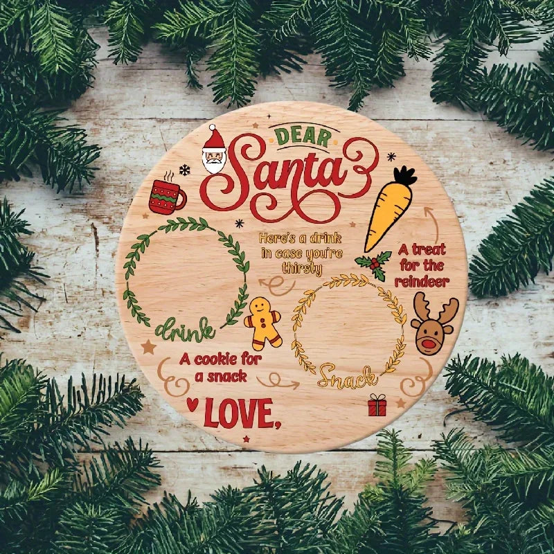Retro-Style Wooden Santa and Reindeer Round Plate