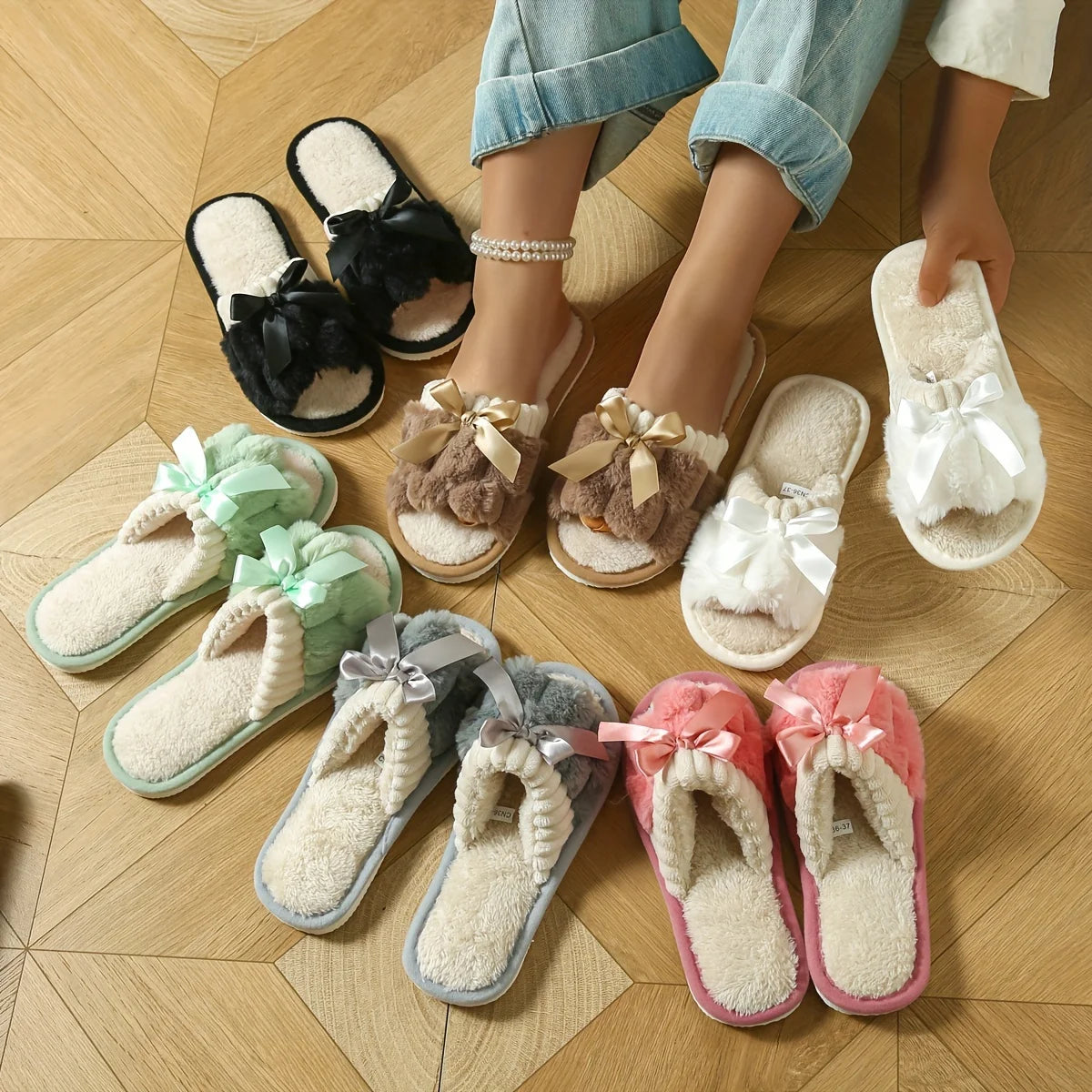 Women's Plush Fleece Slip-On Slippers with Bow