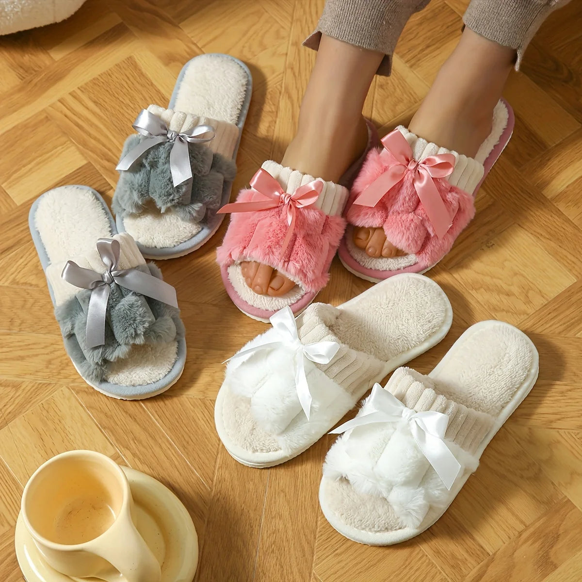 Women's Plush Fleece Slip-On Slippers with Bow