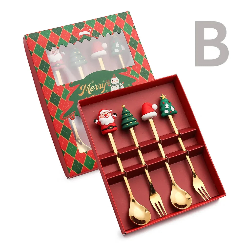 4pcs/Set Christmas Gift Gold Silver Spoon Fork Set