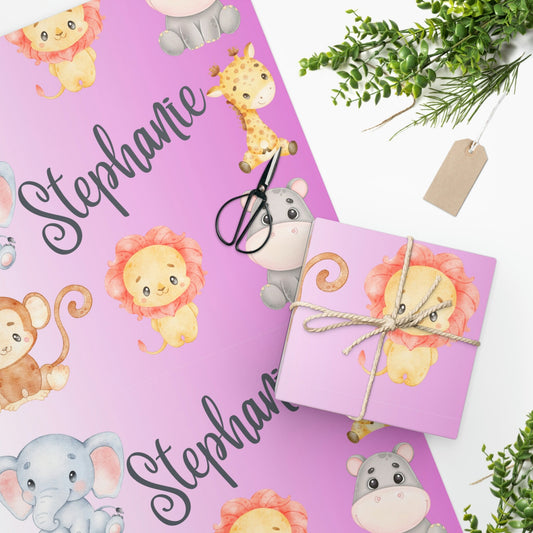 Girl Baby Shower Name Safari Customized Wrapping Paper