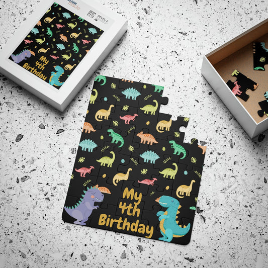 4th Birthday Dinosaur Theme Kids Puzzle 30-Piece/4th Birthday Dinosaur Customized Gift Idea/4th Birthday Present/Trending Now Party