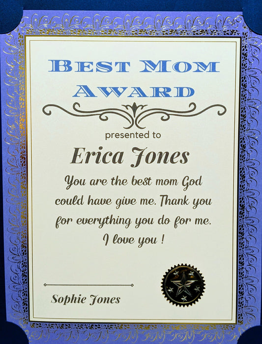 Best Mom Gift Idea/Mother's Day Best Mom Award Certificate/Present For Mothers/Any Award Certificate/Best Dad Father's Day Gift